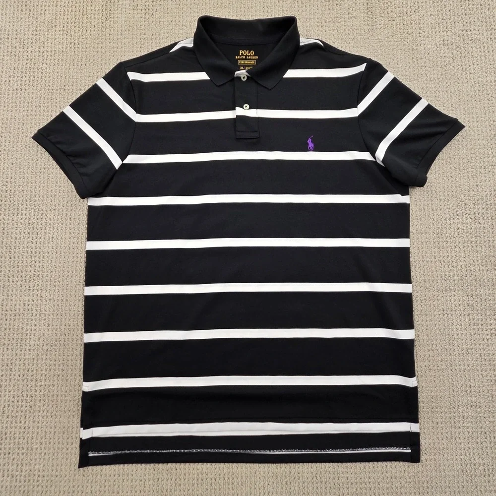 Polo Ralph Lauren Performance Black White Striped SS Polo Shirt Mens XL